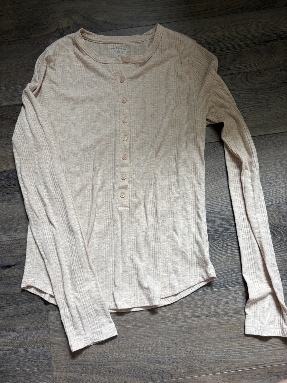 American Eagle Outfitters Light Beige Ribbed Henley Long Sleeve Top